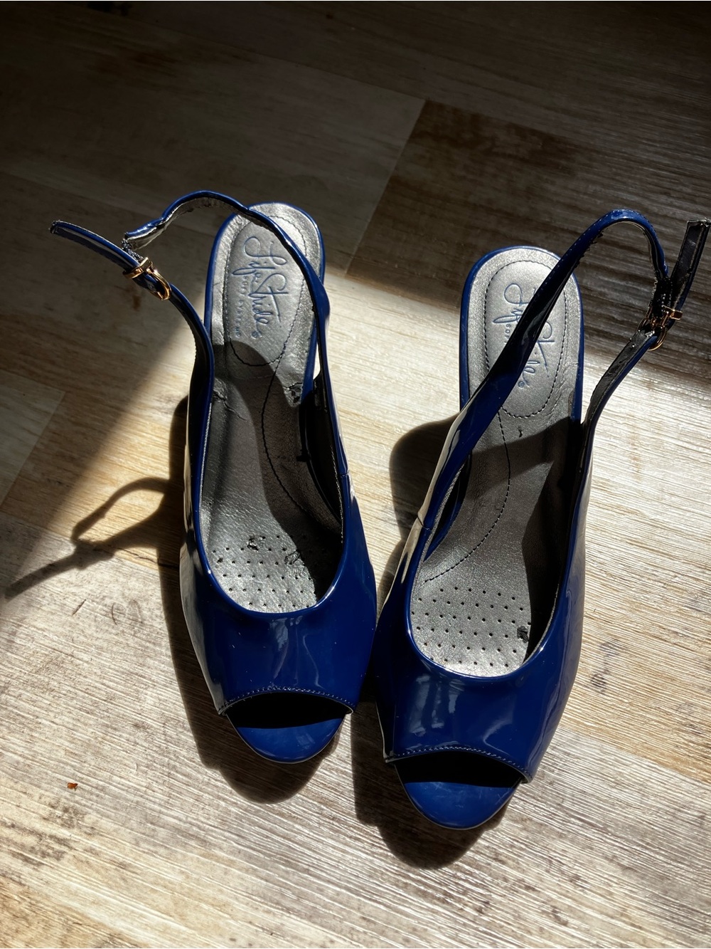 Life Stride Navy Patent Slingback Peep-Toe Heels
